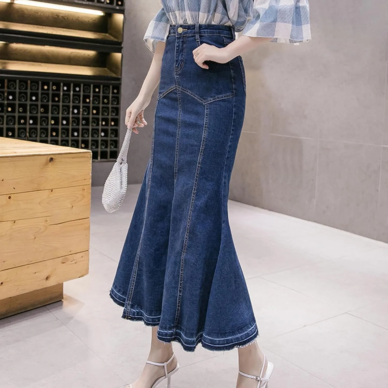 Womens Stretchy Denim Midi Maxi Skirts Casual A-line Slim Fit Fishtail Ruffle Bodycon High Waist Jean Denim Skirt