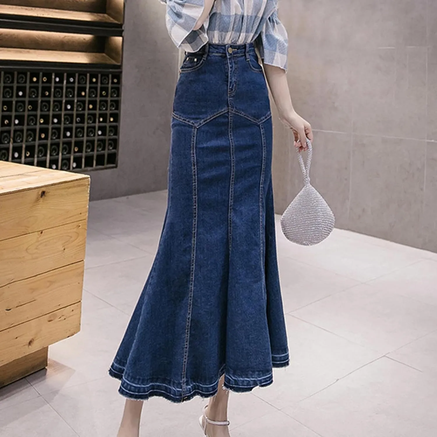 Womens Stretchy Denim Midi Maxi Skirts Casual A-line Slim Fit Fishtail Ruffle Bodycon High Waist Jean Denim Skirt