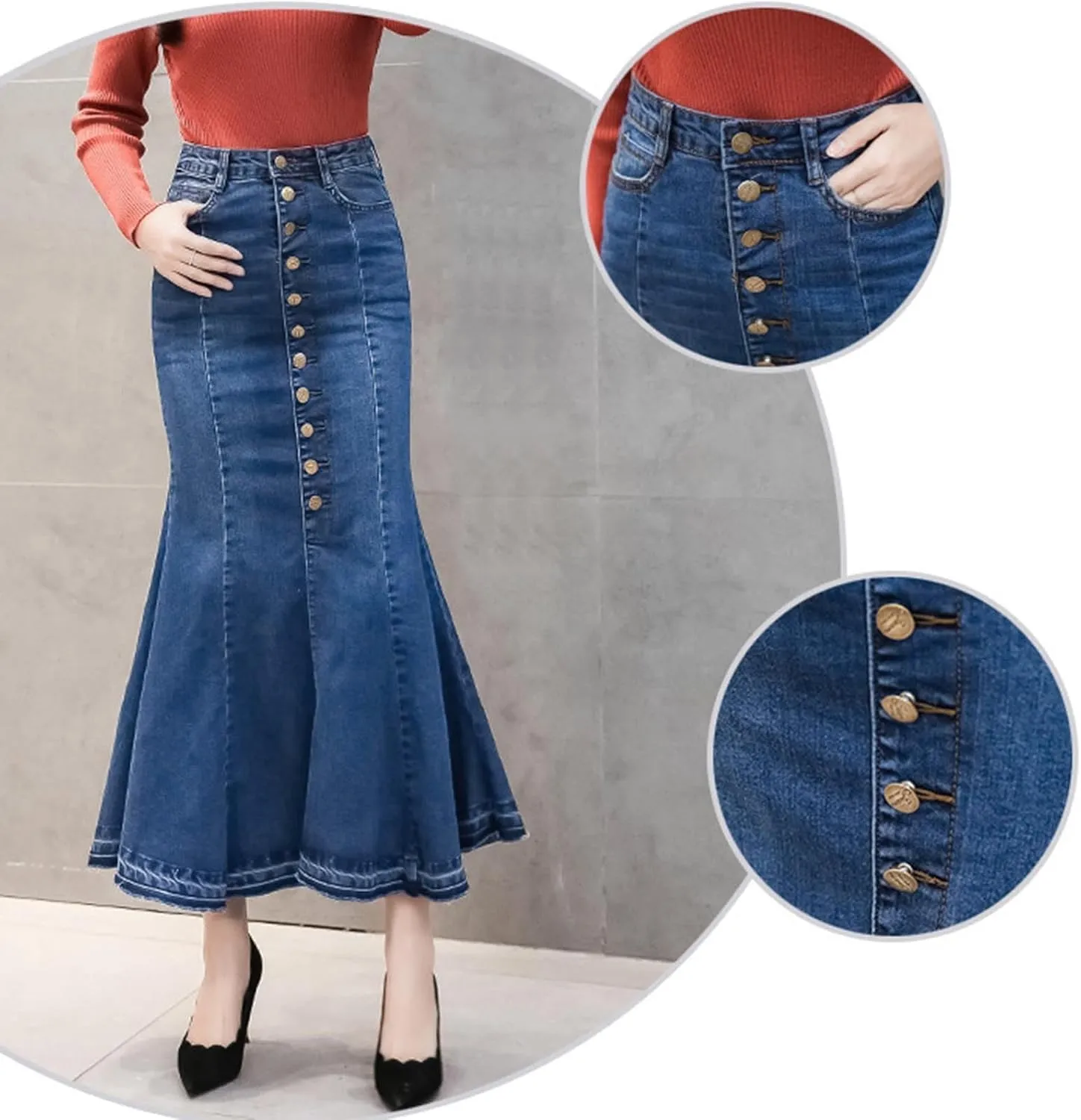 Womens Stretchy Denim Midi Maxi Skirts Casual A-line Slim Fit Fishtail Ruffle Bodycon High Waist Jean Denim Skirt