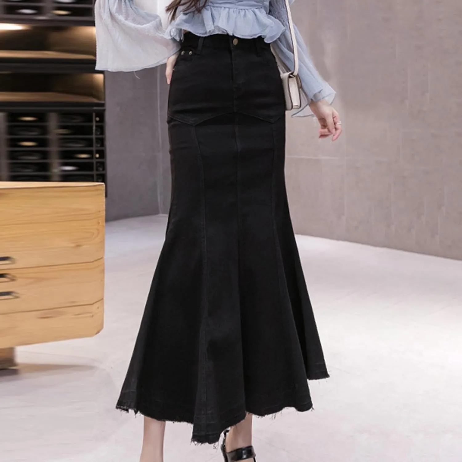 Womens Stretchy Denim Midi Maxi Skirts Casual A-line Slim Fit Fishtail Ruffle Bodycon High Waist Jean Denim Skirt