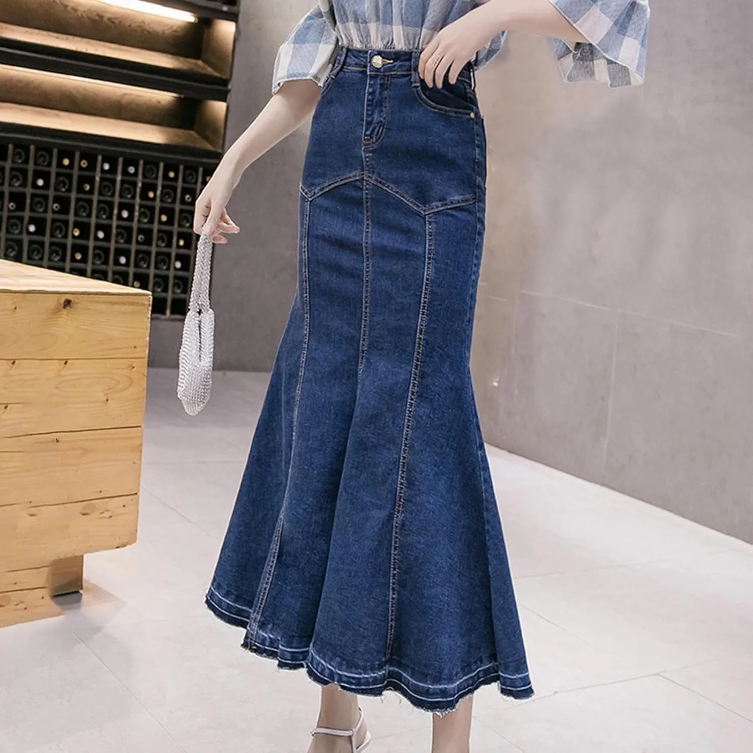 Womens Stretchy Denim Midi Maxi Skirts Casual A-line Slim Fit Fishtail Ruffle Bodycon High Waist Jean Denim Skirt