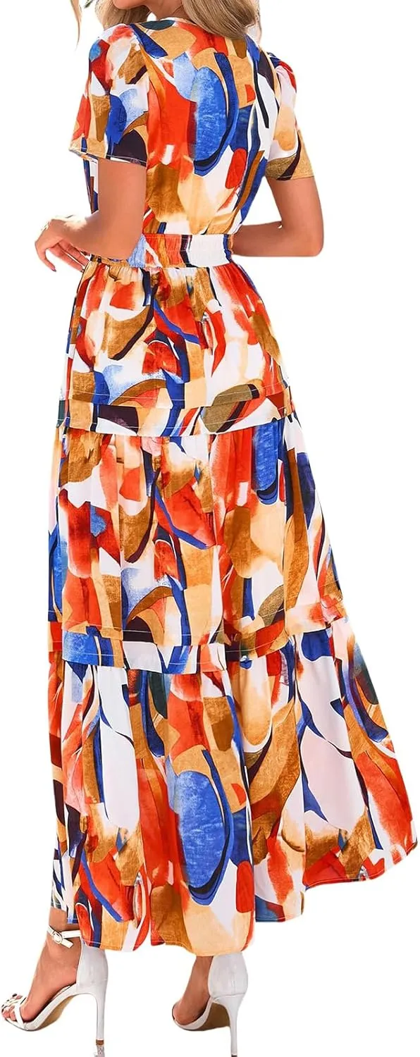 Womens Summer Boho Dresses Floral Short Sleeve Maxi Dress Casual Party Floral Beach Vacation Dresses