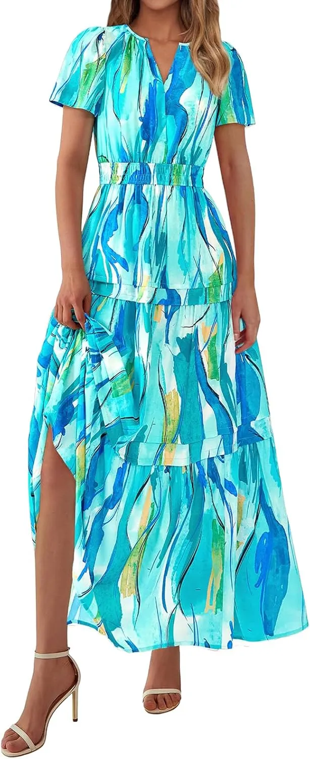 Womens Summer Boho Dresses Floral Short Sleeve Maxi Dress Casual Party Floral Beach Vacation Dresses