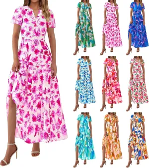 Womens Summer Boho Dresses Floral Short Sleeve Maxi Dress Casual Party Floral Beach Vacation Dresses