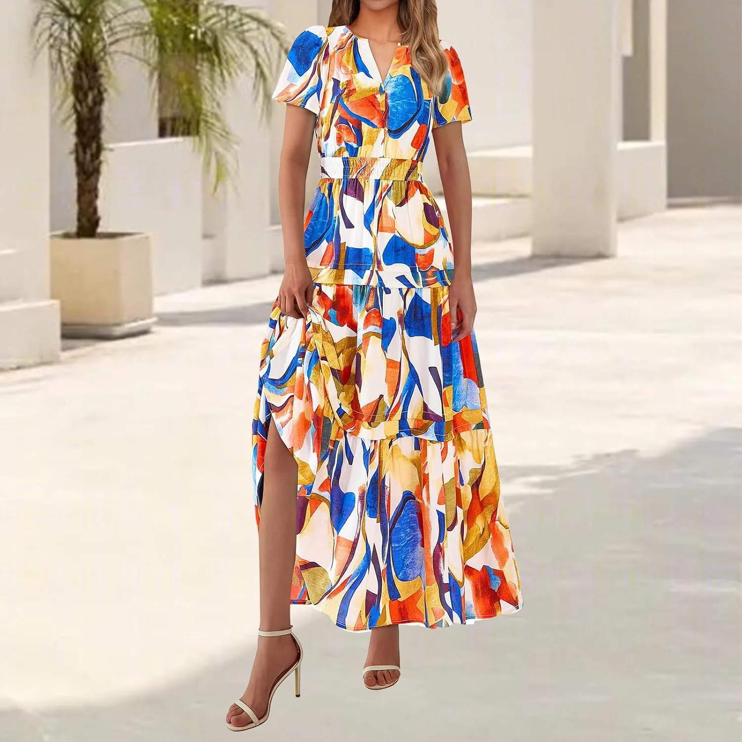 Womens Summer Boho Dresses Floral Short Sleeve Maxi Dress Casual Party Floral Beach Vacation Dresses