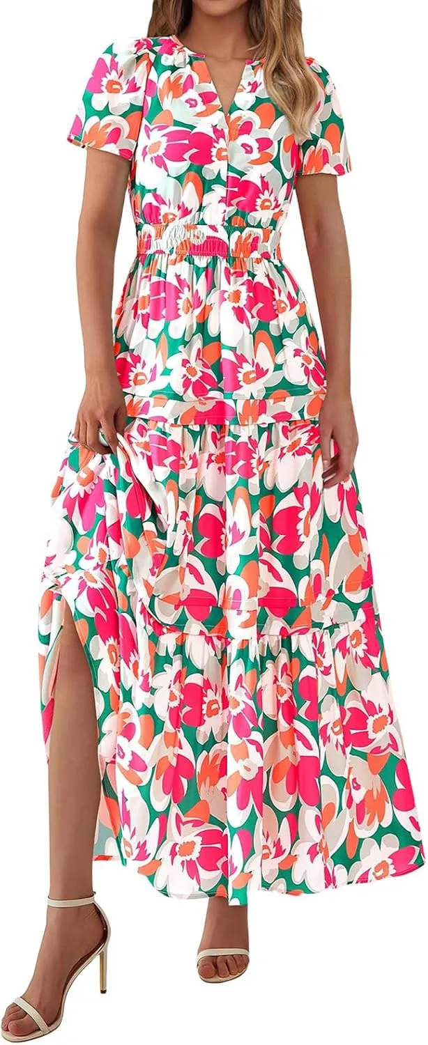 Womens Summer Boho Dresses Floral Short Sleeve Maxi Dress Casual Party Floral Beach Vacation Dresses