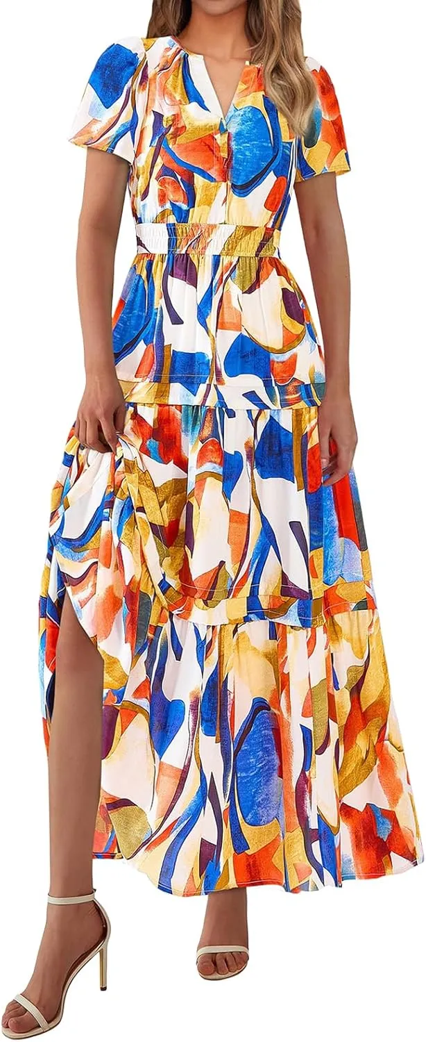 Womens Summer Boho Dresses Floral Short Sleeve Maxi Dress Casual Party Floral Beach Vacation Dresses