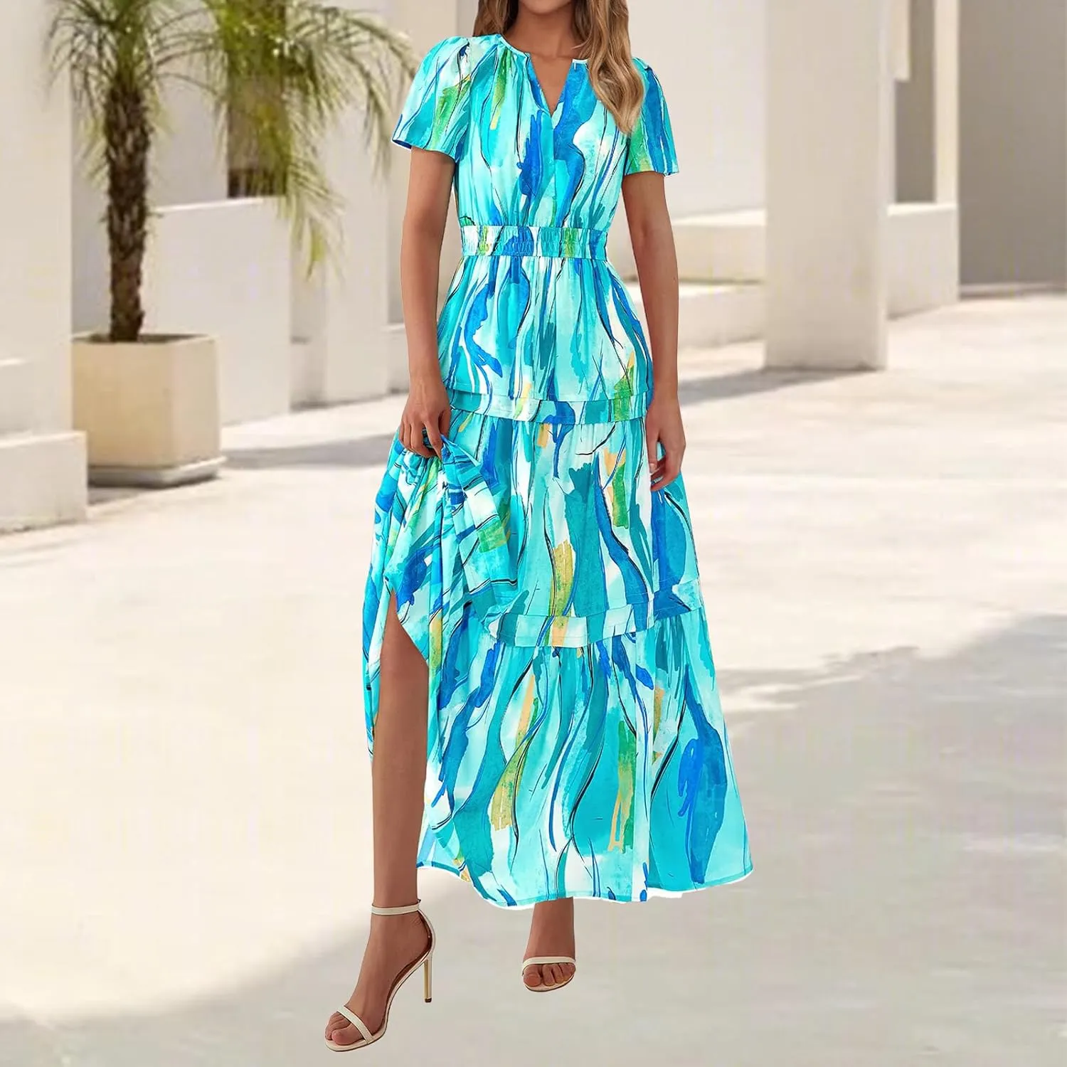 Womens Summer Boho Dresses Floral Short Sleeve Maxi Dress Casual Party Floral Beach Vacation Dresses