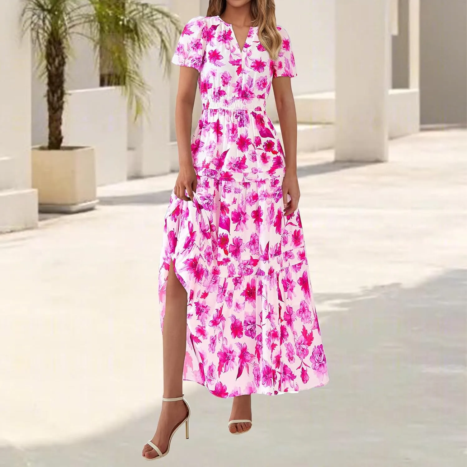 Womens Summer Boho Dresses Floral Short Sleeve Maxi Dress Casual Party Floral Beach Vacation Dresses