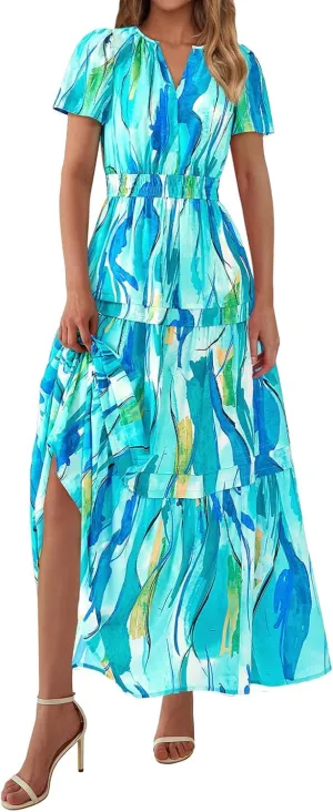 Womens Summer Boho Dresses Floral Short Sleeve Maxi Dress Casual Party Floral Beach Vacation Dresses