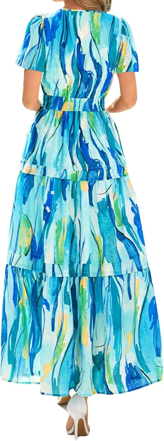 Womens Summer Boho Dresses Floral Short Sleeve Maxi Dress Casual Party Floral Beach Vacation Dresses