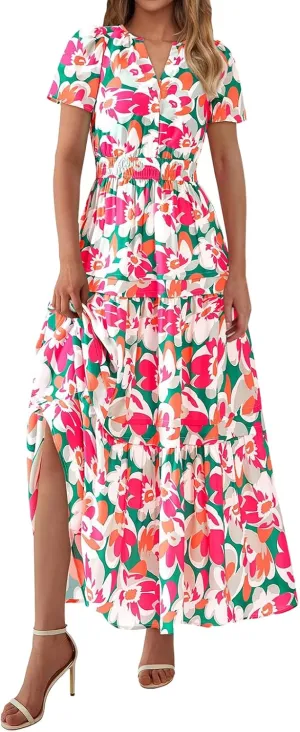 Womens Summer Boho Dresses Floral Short Sleeve Maxi Dress Casual Party Floral Beach Vacation Dresses