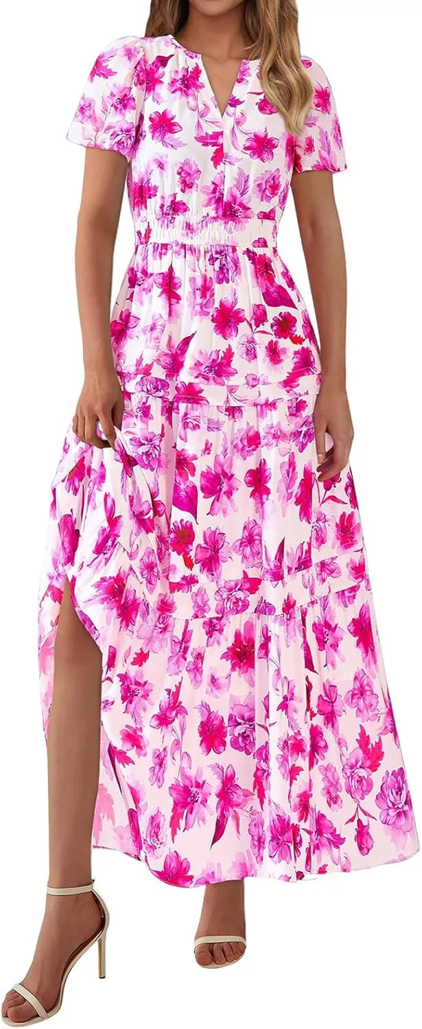 Womens Summer Boho Dresses Floral Short Sleeve Maxi Dress Casual Party Floral Beach Vacation Dresses