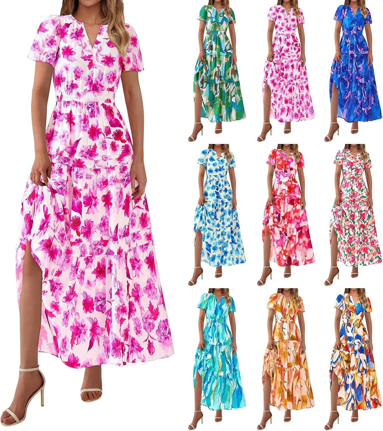Womens Summer Boho Dresses Floral Short Sleeve Maxi Dress Casual Party Floral Beach Vacation Dresses