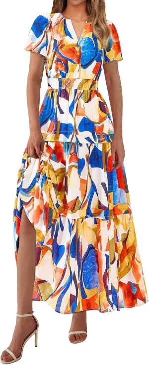 Womens Summer Boho Dresses Floral Short Sleeve Maxi Dress Casual Party Floral Beach Vacation Dresses