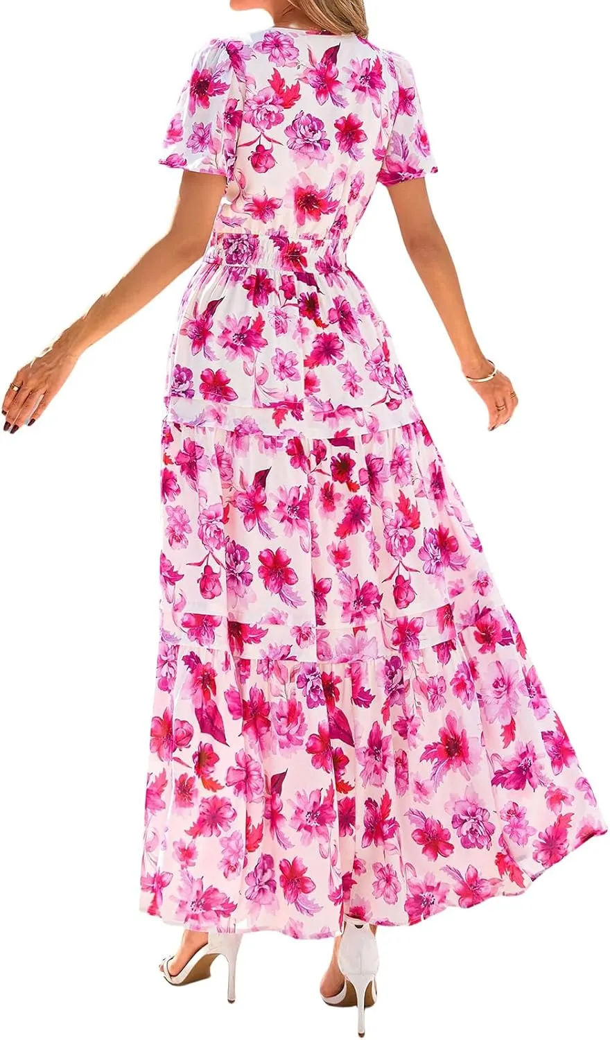 Womens Summer Boho Dresses Floral Short Sleeve Maxi Dress Casual Party Floral Beach Vacation Dresses