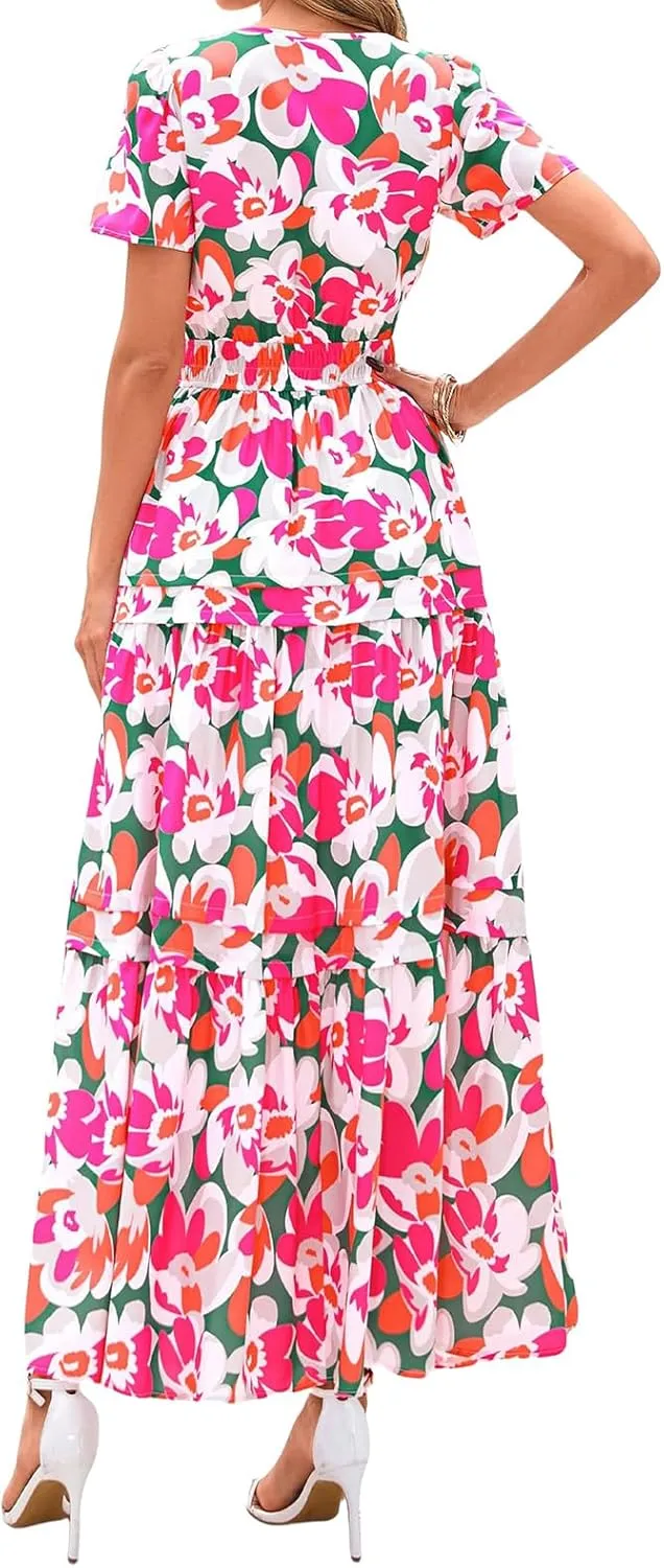 Womens Summer Boho Dresses Floral Short Sleeve Maxi Dress Casual Party Floral Beach Vacation Dresses