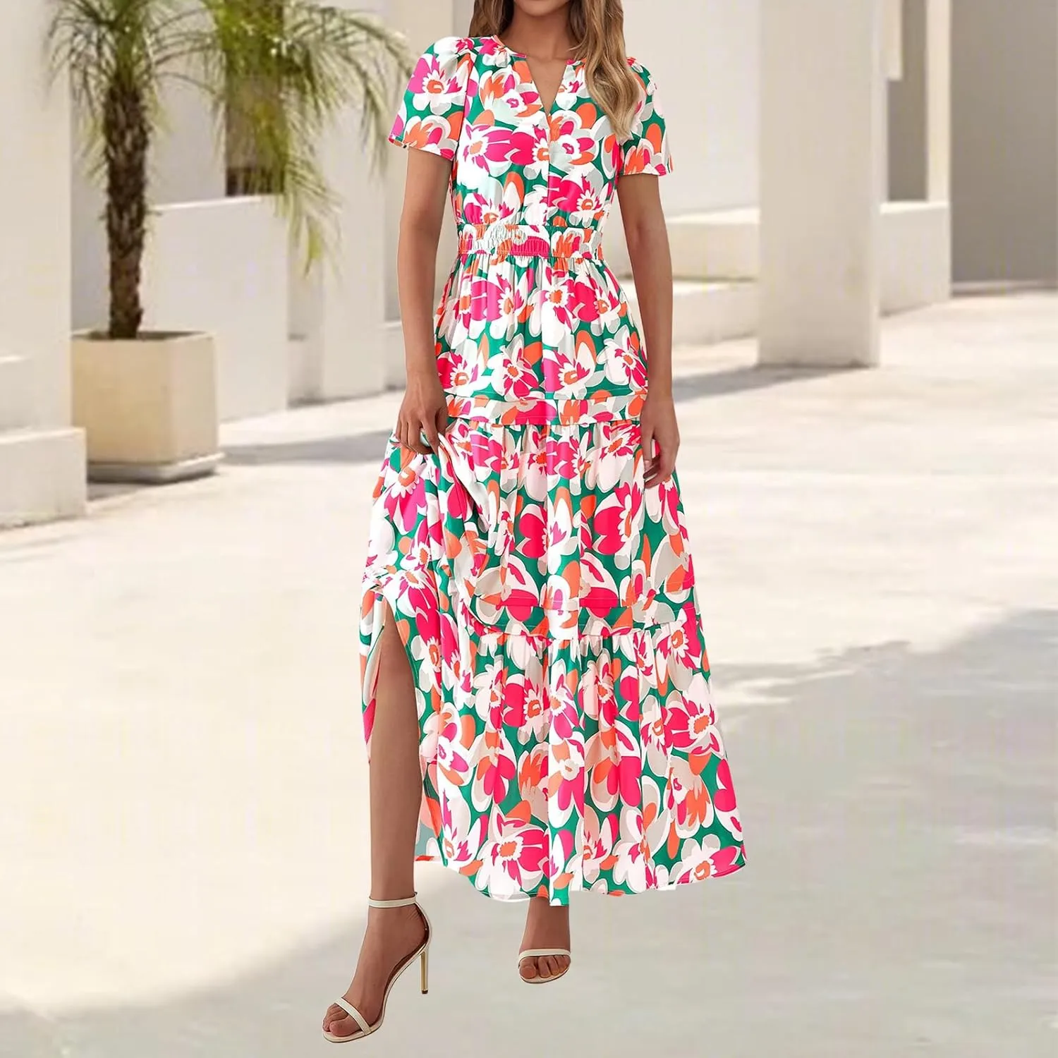 Womens Summer Boho Dresses Floral Short Sleeve Maxi Dress Casual Party Floral Beach Vacation Dresses