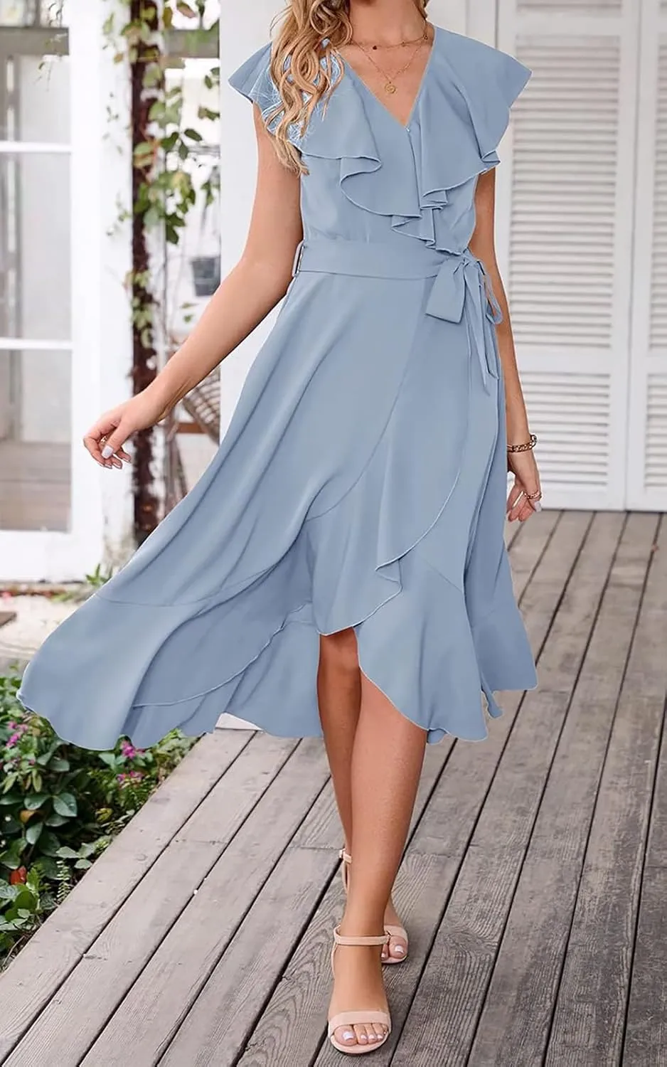 Women's Summer Casual Deep V Neck Wrap Midi Dress Boho Short Sleeve Ruffle Hem Split Beach Long Dresses with Belt