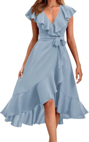 Women's Summer Casual Deep V Neck Wrap Midi Dress Boho Short Sleeve Ruffle Hem Split Beach Long Dresses with Belt