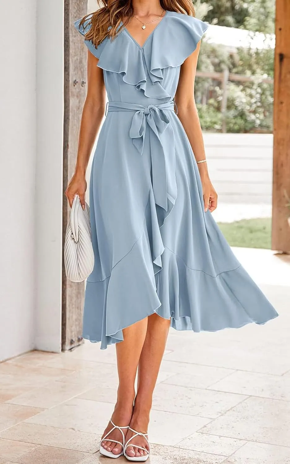 Women's Summer Casual Deep V Neck Wrap Midi Dress Boho Short Sleeve Ruffle Hem Split Beach Long Dresses with Belt