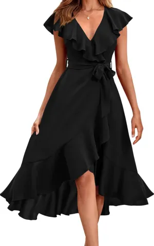 Women's Summer Casual Deep V Neck Wrap Midi Dress Boho Short Sleeve Ruffle Hem Split Beach Long Dresses with Belt