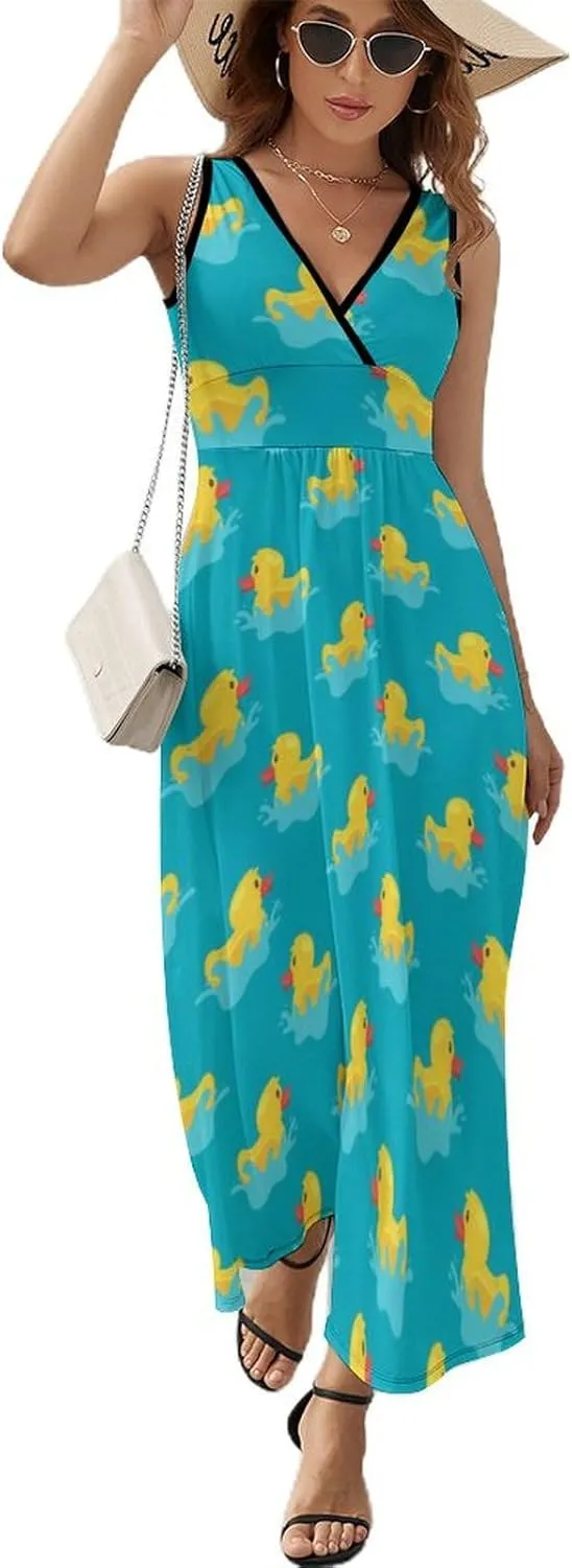 Women's Summer Casual Wrap Dress Sleeveless Flared Midi Dress