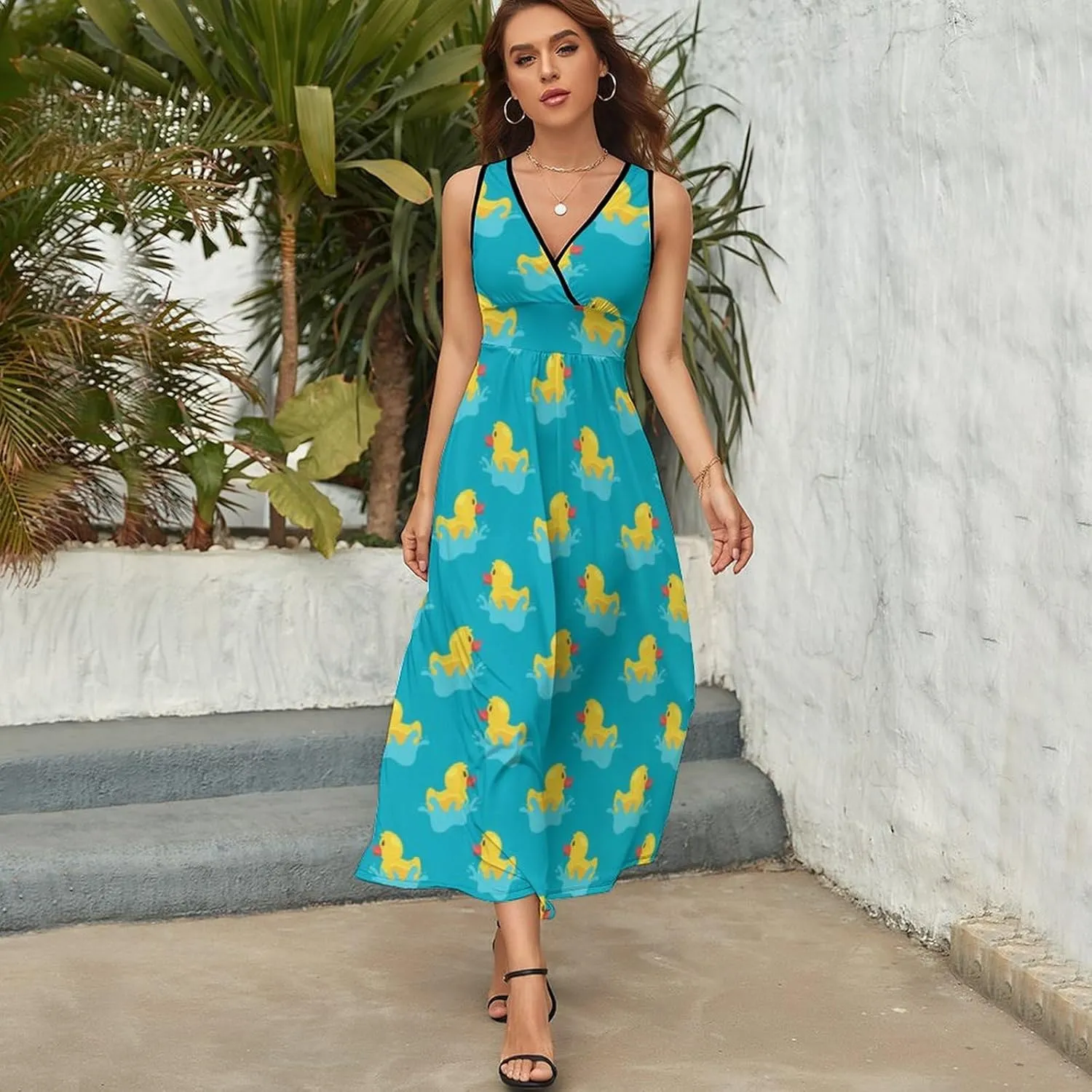 Women's Summer Casual Wrap Dress Sleeveless Flared Midi Dress