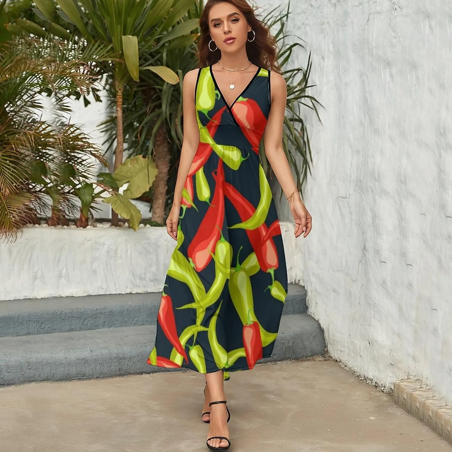 Women's Summer Casual Wrap Dress Sleeveless Flared Midi Dress