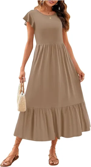 Women's Summer Dress Aline Flowy Tiered Maxi Long Beach Dress Elegant Ruffle Sleeve Crewneck Sundress Tunic Dresses