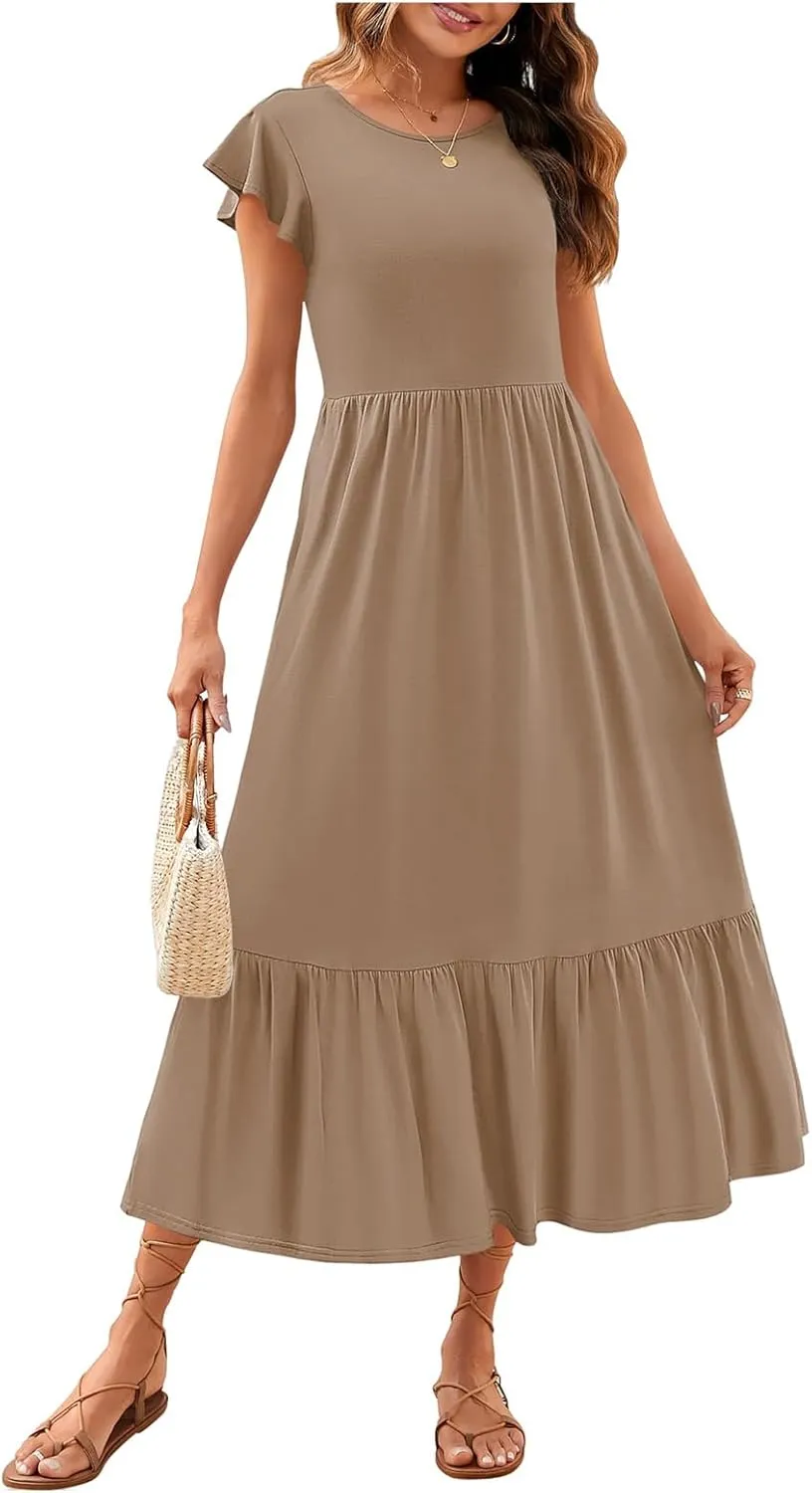 Women's Summer Dress Aline Flowy Tiered Maxi Long Beach Dress Elegant Ruffle Sleeve Crewneck Sundress Tunic Dresses