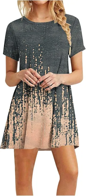 Womens Summer Floral Dresses Crewneck Short Sleeve Casual Dress Loose Flowy Midi Dress Shift Dress 2025 Gray