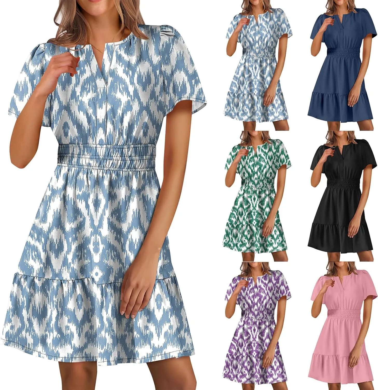 Womens Summer Floral Midi Dresses High Waist Boho Cute Vacation Beach Dresses Short Sleeve Beach Wedding Guest Dress