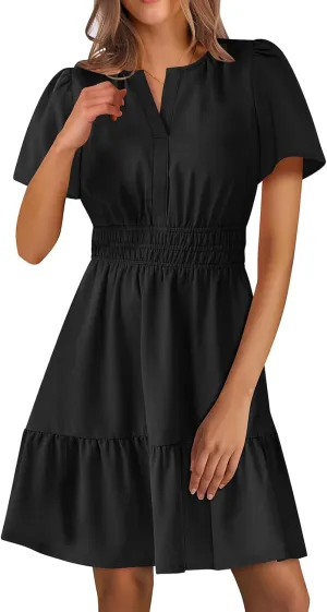 Womens Summer Floral Midi Dresses High Waist Boho Cute Vacation Beach Dresses Short Sleeve Beach Wedding Guest Dress