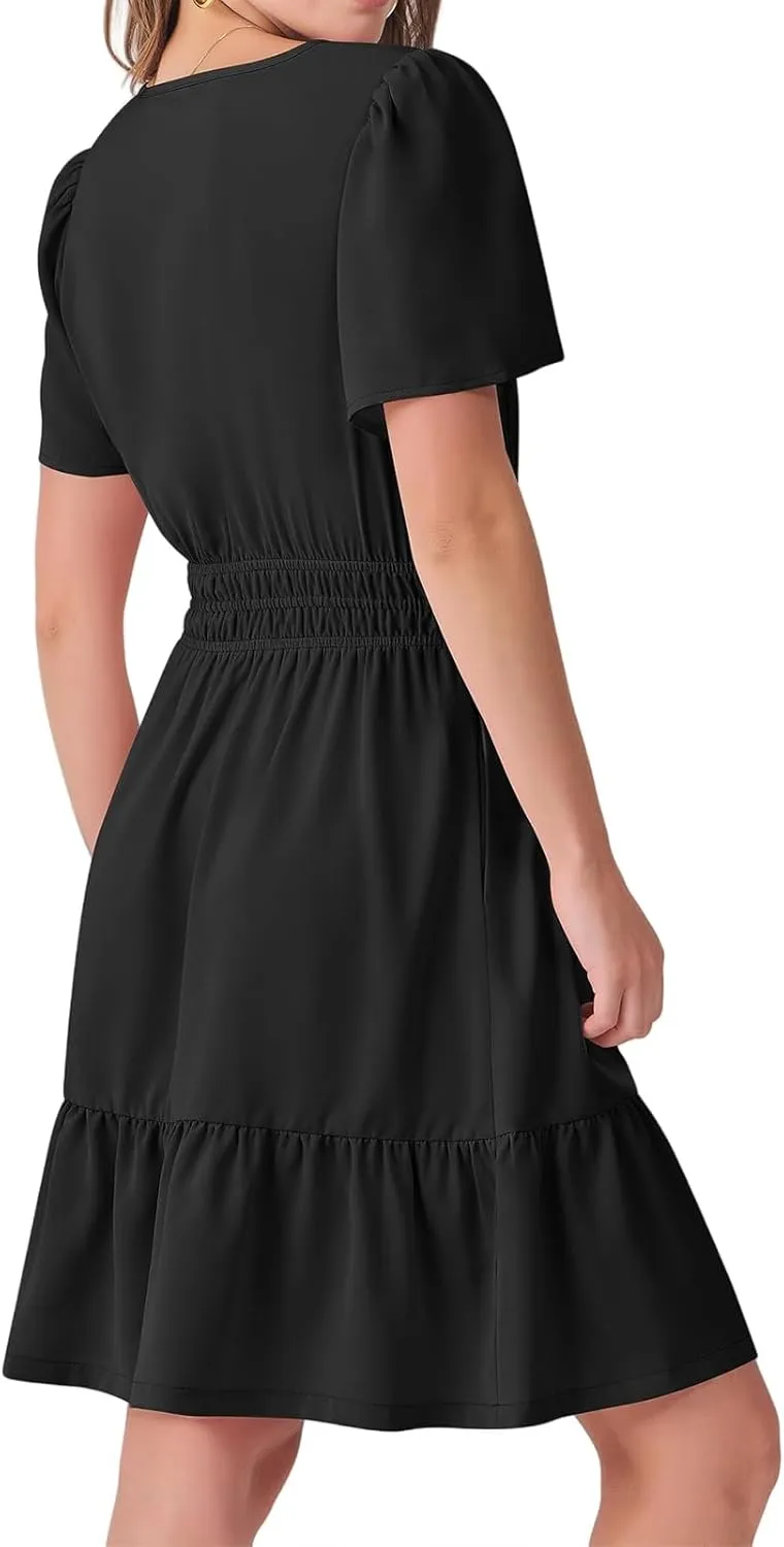 Womens Summer Floral Midi Dresses High Waist Boho Cute Vacation Beach Dresses Short Sleeve Beach Wedding Guest Dress
