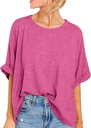 Womens Summer Oversized Tshirts Half Sleeve Crew Neck Tee Tops Fashion Casual Solid Shirt Loose Roll Up Comfy Blouse