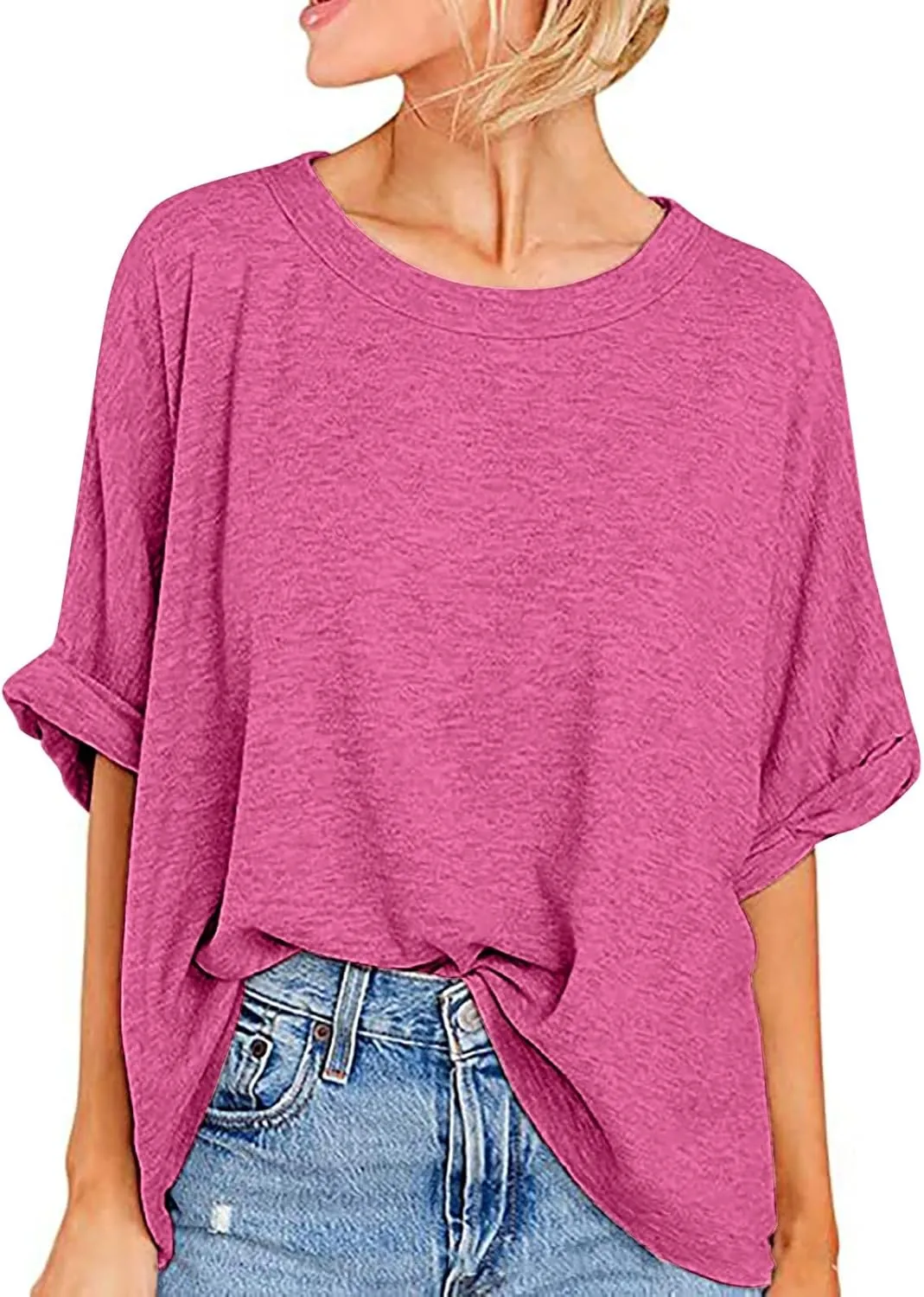 Womens Summer Oversized Tshirts Half Sleeve Crew Neck Tee Tops Fashion Casual Solid Shirt Loose Roll Up Comfy Blouse
