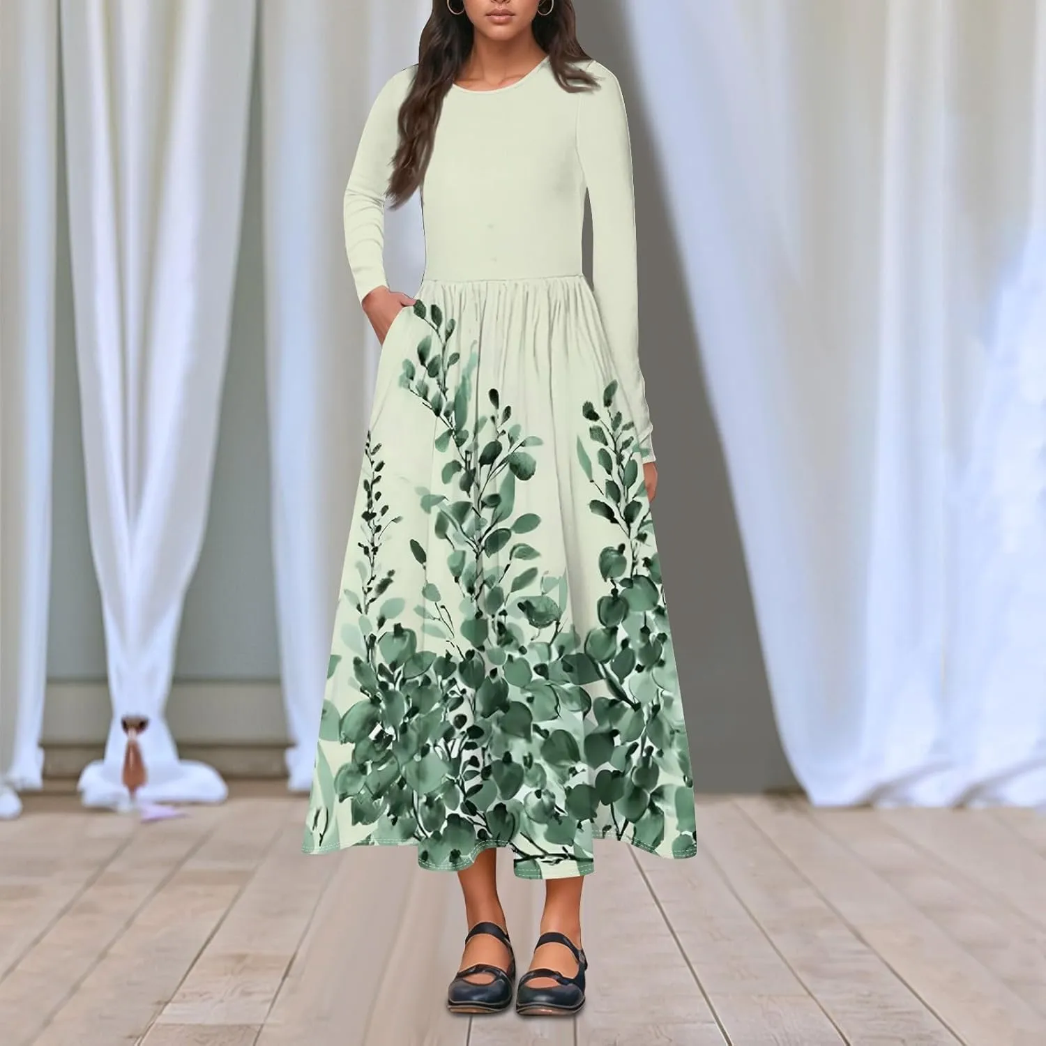 Women's Summer Pretty Cute Long Sleeve Floral Print Dresses Petite Crew Neck Maxi Dress