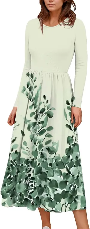 Women's Summer Pretty Cute Long Sleeve Floral Print Dresses Petite Crew Neck Maxi Dress