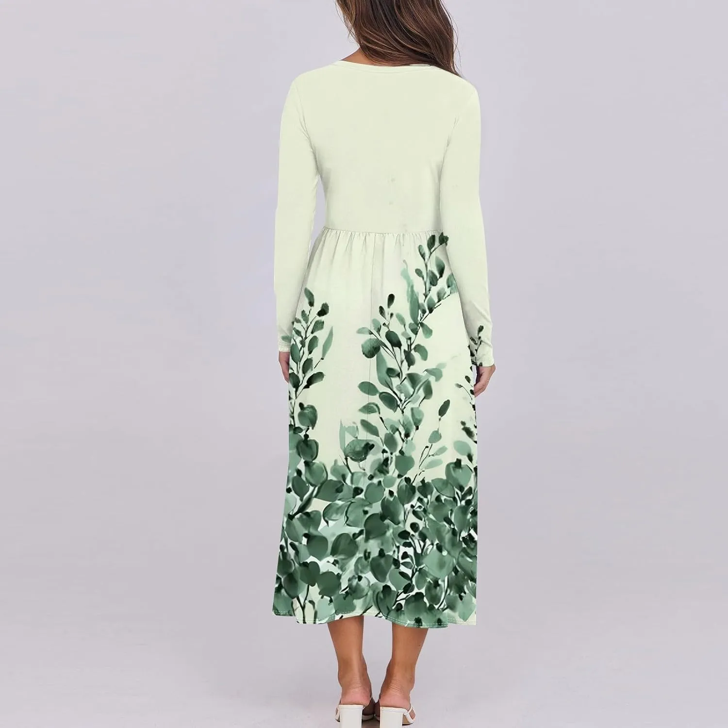 Women's Summer Pretty Cute Long Sleeve Floral Print Dresses Petite Crew Neck Maxi Dress
