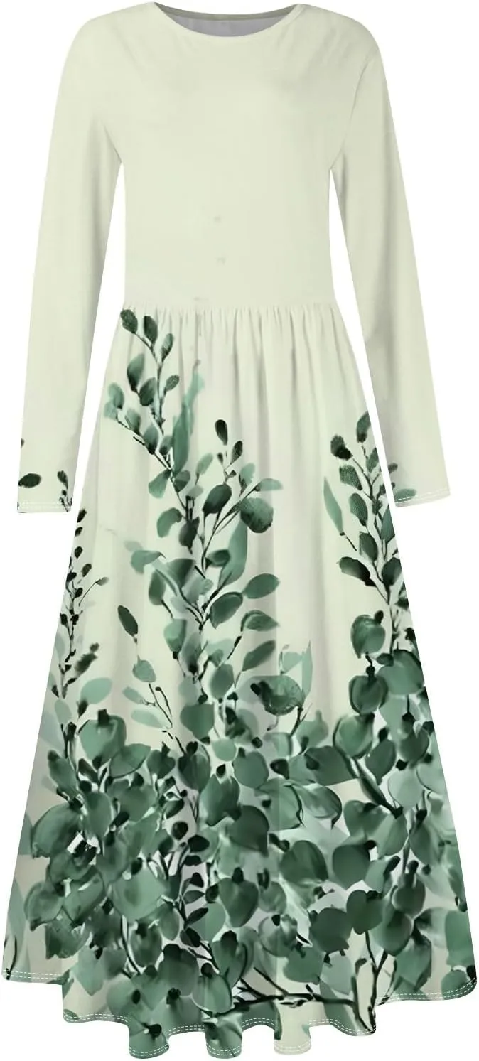Women's Summer Pretty Cute Long Sleeve Floral Print Dresses Petite Crew Neck Maxi Dress