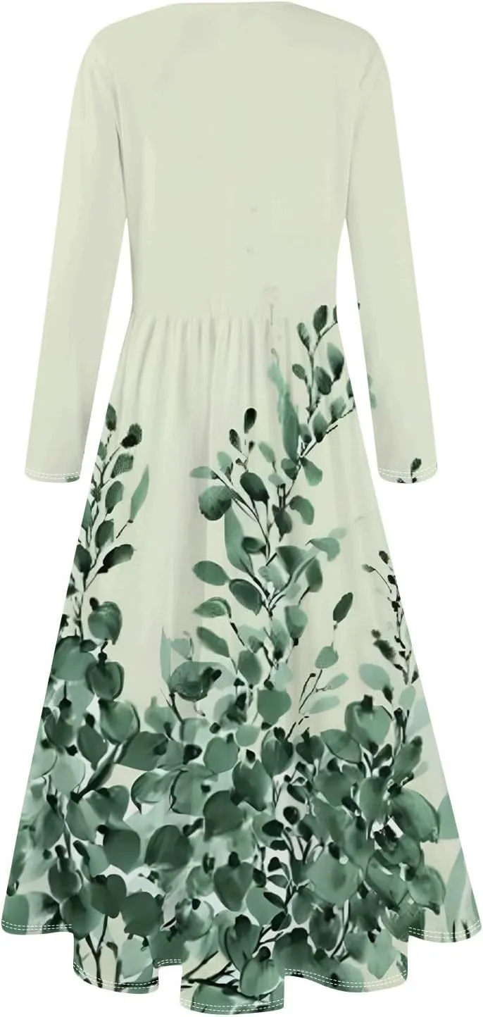 Women's Summer Pretty Cute Long Sleeve Floral Print Dresses Petite Crew Neck Maxi Dress