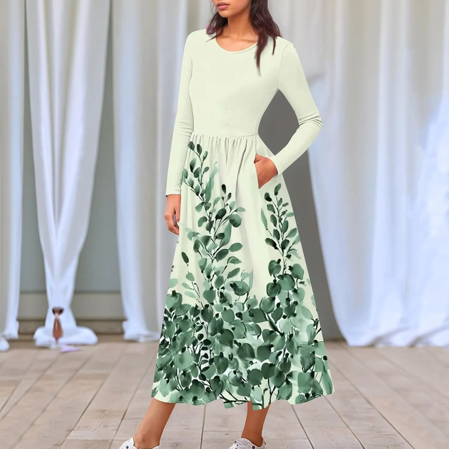 Women's Summer Pretty Cute Long Sleeve Floral Print Dresses Petite Crew Neck Maxi Dress