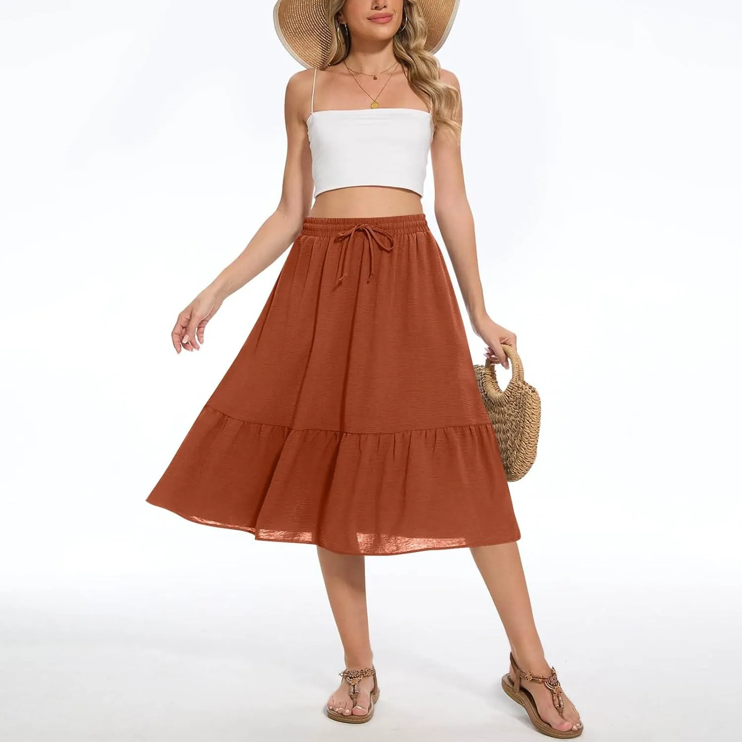 Women's Summer Skirt Fashion Tiered Flowy Skirts with Pockets Casual Solid Drawstring Waist Ruffle Hem Short Skirt