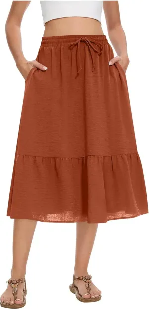 Women's Summer Skirt Fashion Tiered Flowy Skirts with Pockets Casual Solid Drawstring Waist Ruffle Hem Short Skirt