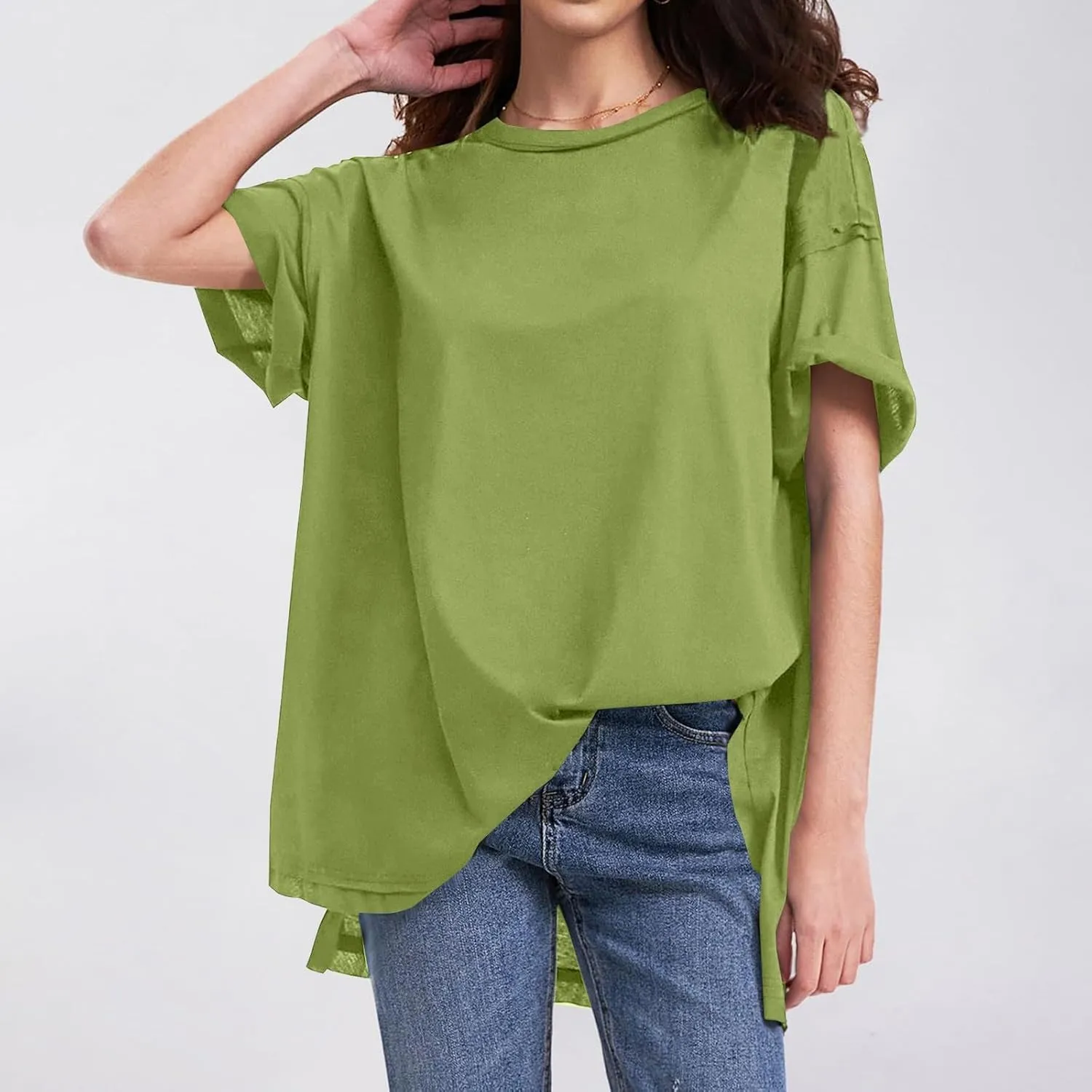 Womens Summer T Shirts Oversized Short Sleeve Crew Neck Loose Tops Side Split Hem Solid Color Basic Casual Tee 2025