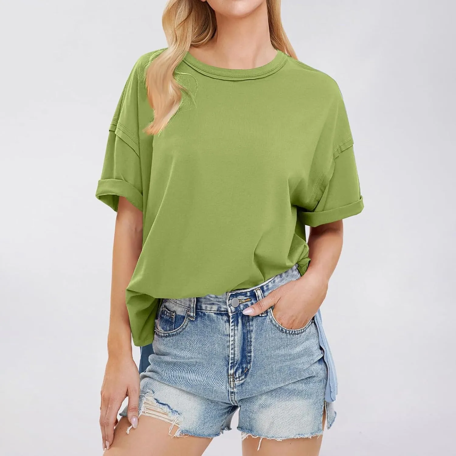 Womens Summer T Shirts Oversized Short Sleeve Crew Neck Loose Tops Side Split Hem Solid Color Basic Casual Tee 2025