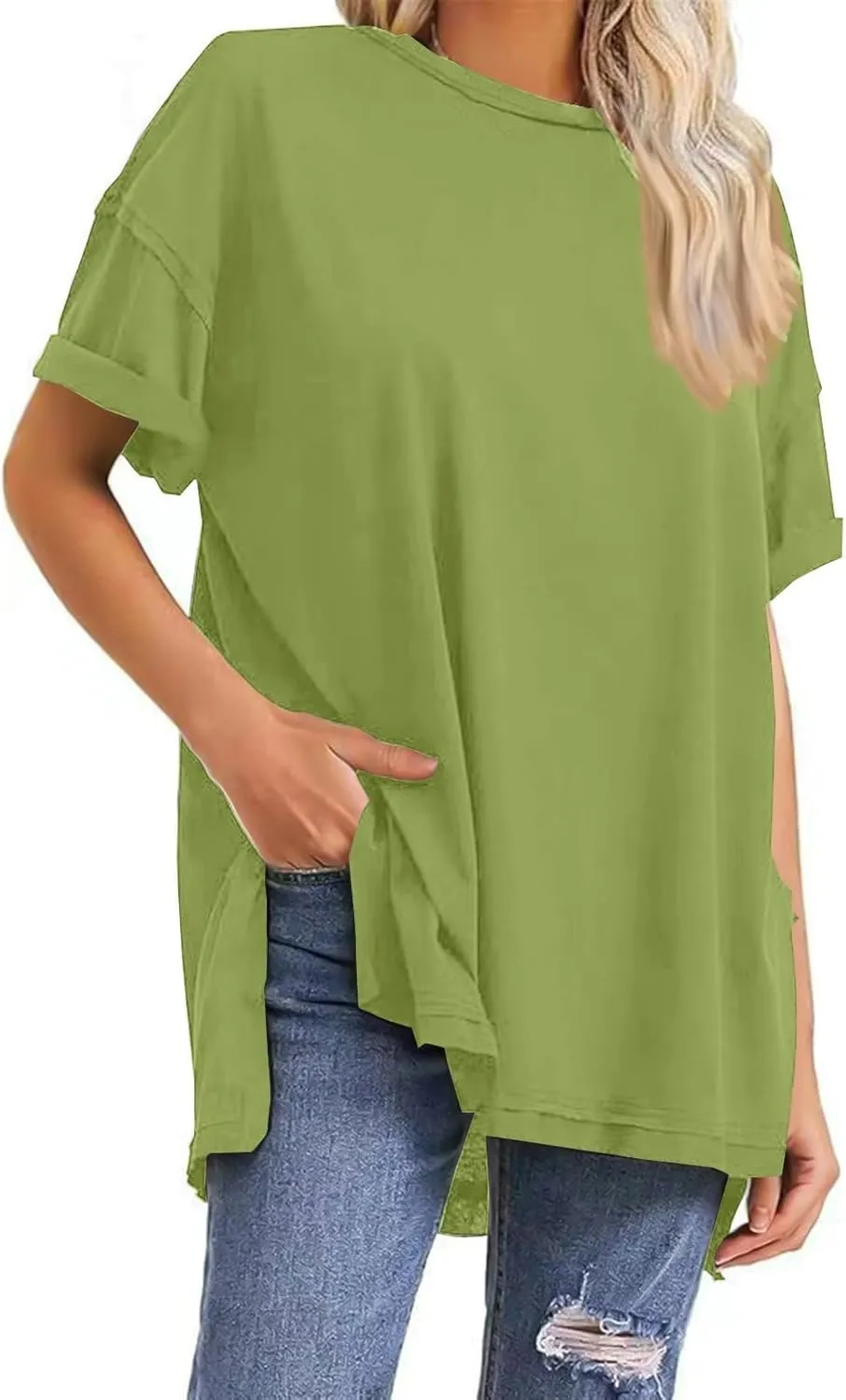 Womens Summer T Shirts Oversized Short Sleeve Crew Neck Loose Tops Side Split Hem Solid Color Basic Casual Tee 2025