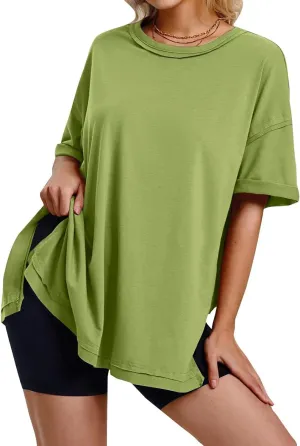 Womens Summer T Shirts Oversized Short Sleeve Crew Neck Loose Tops Side Split Hem Solid Color Basic Casual Tee 2025