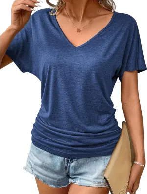 Womens Summer Tops Casual V Neck Short Sleeve T-Shirts Loose Fit Solid Color Tunic Pullover Tops Basic Tee Shirts